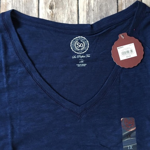 New Long Sleeve T Shirt Top Women Jr Plus 1X SO Perfect Tee V Neck Blue Cotton - Picture 3 of 5